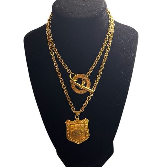 Celine gold tone adjustable Chain necklace with Shield Pendant 36" - Picture 1 of 12